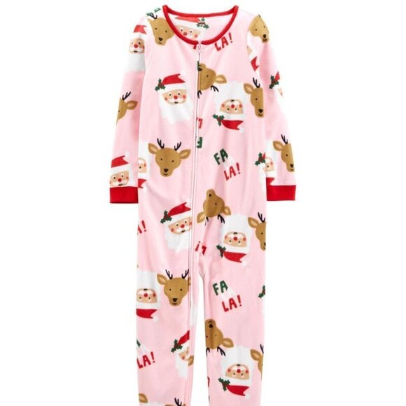 Carter's Kids 1-Piece Santa Fleece Footie PJs Pink Red - Picture 1 of 4